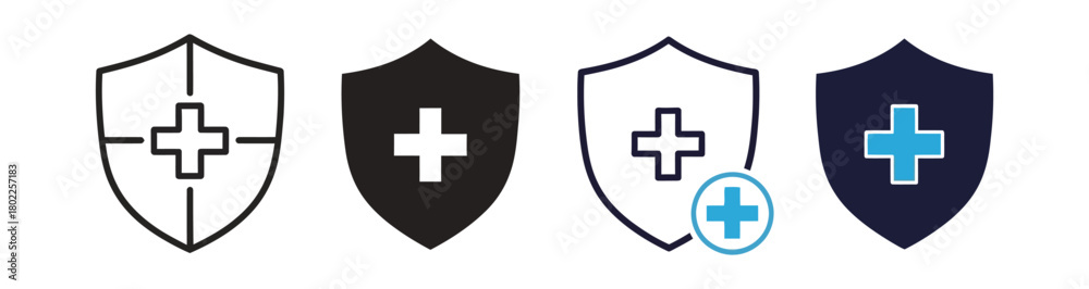 Fototapeta premium Collection of Shield with Medical Cross Sign, Flat Design Isolated on White Background