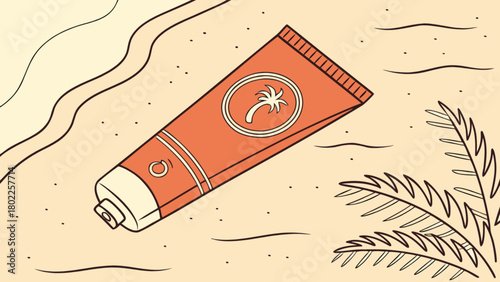 Illustration of a tube of sunscreen on a sandy beach with palm fronds and gentle waves nearby