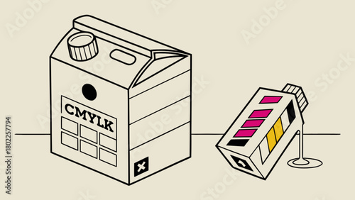 Illustration of a cmyk color model milk carton and a spilled ink cartridge on a beige background
