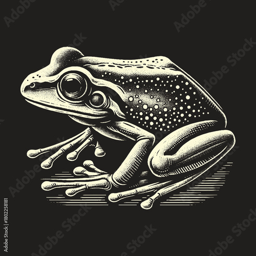 Detailed Monochrome Frog Illustration on Black Background.