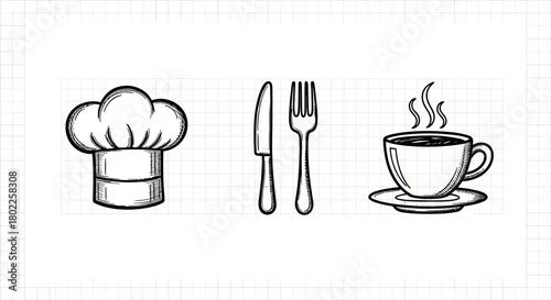 Chalkboard style icons of chef hat, cutlery, and coffee cup