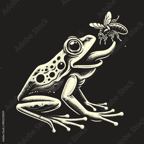 Frog and Bee Monochrome Illustration on Black Background.
