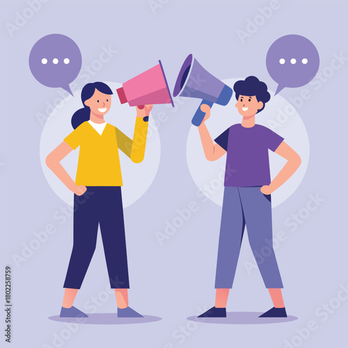 Clean flat illustration of two diverse people collaborating and holding a large abstract shape representing a mega idea or project