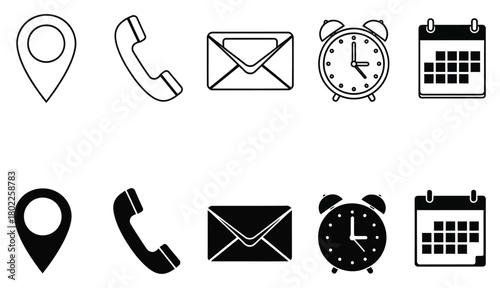Contact Black and White Line Icons Set Location Pin, Phone, Email, Clock, Calendar