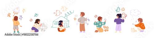 Set of kids drawing on the wall back view. Talented children are painting doodles, animals with chalks. Little boys and girls create scribbles. Flat isolated vector illustrations on white background