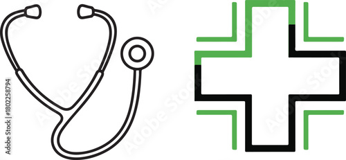 Outline Stethoscope and Green and Black Plus Sign on White Background