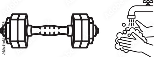 Black and White Outline Icons: Dumbbell and Hand Washing