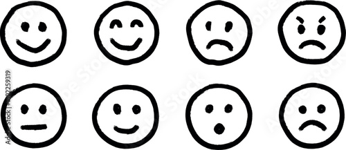 Collection of eight simple hand drawn cartoon faces expressing a range of emotions from happy to sad and surprised