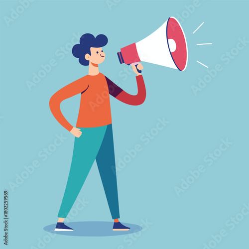 Minimalist vector illustration of a person making an announcement with a speech bubble conveying a message or idea