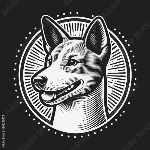 Basenji Dog Portrait in Circular Emblem Design.