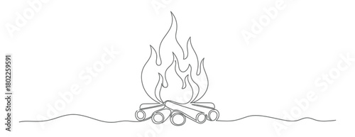 Continuous Line Art of Bonfire with Burning Flame and Wood on Transparent