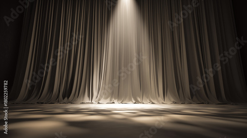 Theater curtain rises on an empty stage under a single dramatic spotlight. event programs, museum guides, designed for cultural heritage projects and event programs.
