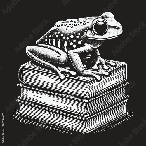 Frog perched atop a stack of books studying knowledge.