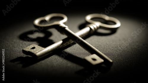 Two antique skeleton keys crossed on a dark textured background with dramatic shadows. lifestyle magazines.
