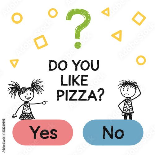 Children asking if they like pizza with colorful background elements, illustration in a childlike doodle style   