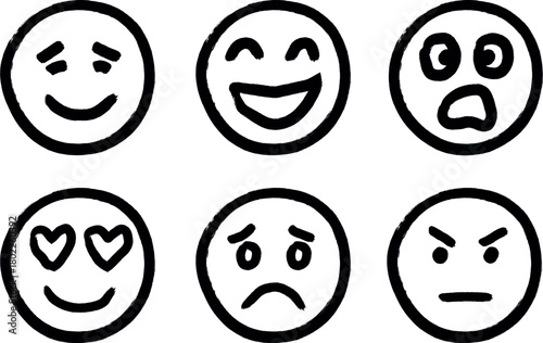 Collection of hand drawn emoticons expressing various emotions like happiness sadness anger love and surprise