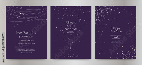 Elegant New Year’s Eve Celebration Invite Poster Banner Vector Templates with Starry Sky, Sparkling Confetti, and Champagne Glass Outline