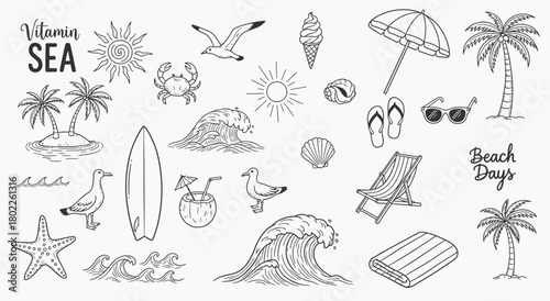 Hand drawn beach and ocean elements collection for summer vacation
