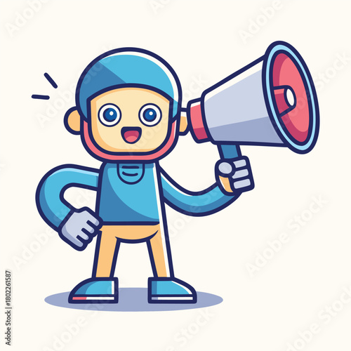 Simple illustration of a character holding a megaphone and speaking with a clear message or announcement