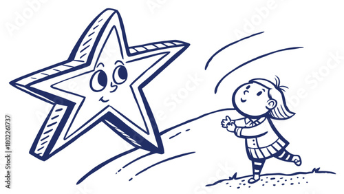 A girl reaches for a large cartoon star with a face in a whimsical hand drawn illustration style art