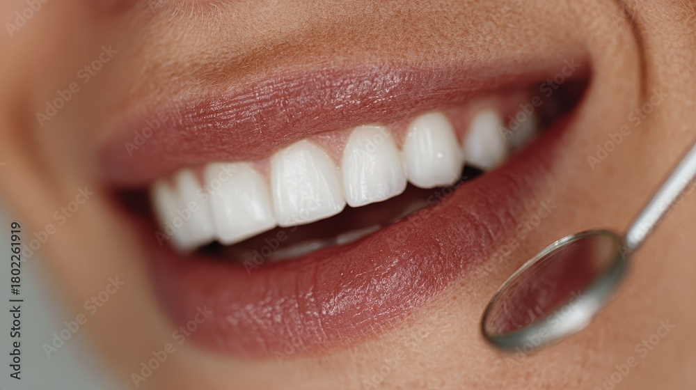 Obraz premium Close Up on Woman's Mouth with Glossy Pink Lips and Perfect White Teeth being Examined at a Dentist's Office in New York
