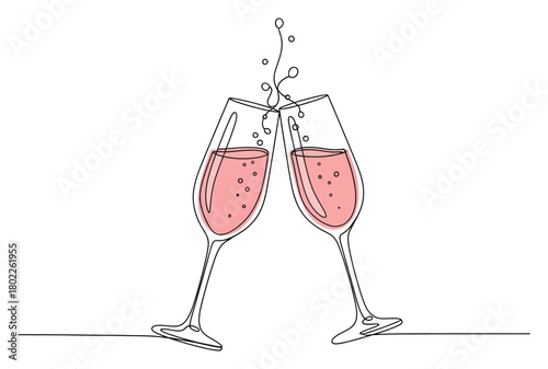 Continuous line drawing Two flutes toasting with pink liquid and bubbles isolated