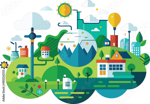 Sustainable city landscape with renewable energy and green living