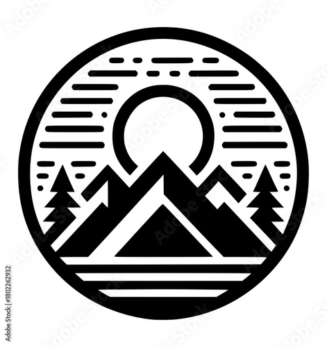 Mountain Landscape Illustration: A stylized illustration showcases a picturesque mountain range at sunrise, surrounded by evergreen trees, creating a serene and captivating scene.