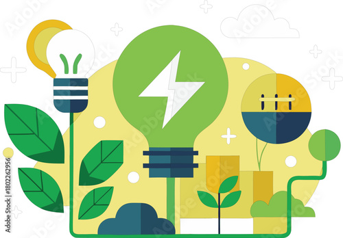 Green energy concept with lightbulb and natural elements