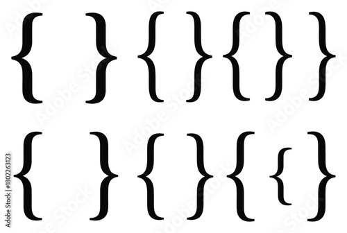 Curly Braces Black Symbols, Multiple Font Sizes, Transparent Background