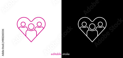 Editable stroke heart with patient persons icon vector design to use for healthcare, healthy lifestyle, healthy family, medical laboratory, cardiology project.