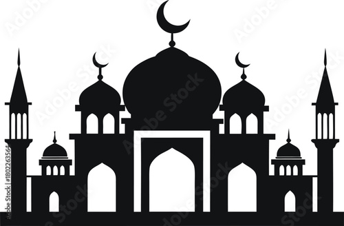Silhouette of a grand mosque with domes and minarets against a white background