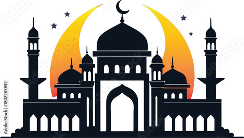 Silhouette of a mosque with crescent moon and stars against a vibrant background