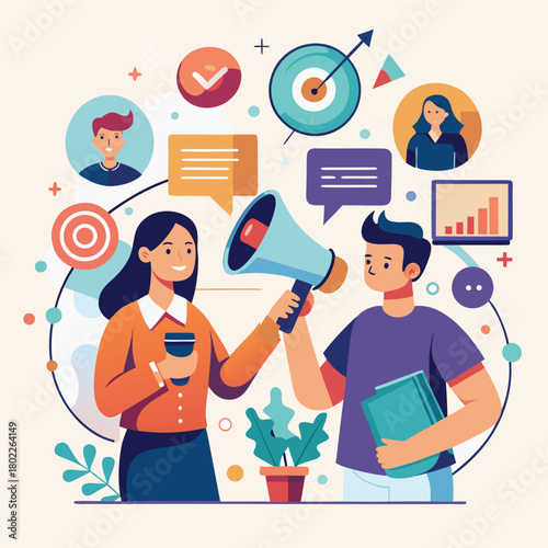 Conceptual illustration of two individuals engaged in active conversation symbolizing teamwork and collaborative communication in a professional setting
