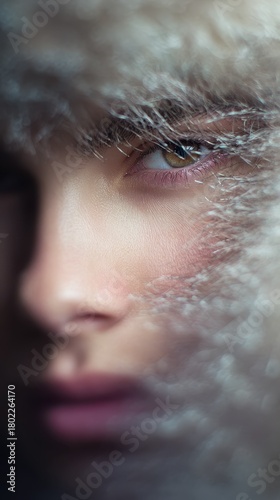 Fashion woman in faux fur close-up, elegant woman winter portrait, cinematic fashion face,  fashion woman, faux fur, close-up