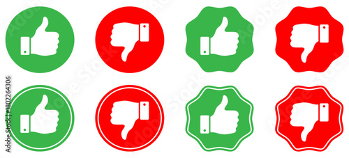 Set of thumb up and thumb down rating symbols showing approval and rejection. Includes bold hand signs for feedback, review, rating, vote, positive, thumb, hand, like, dislike, vector, icons.