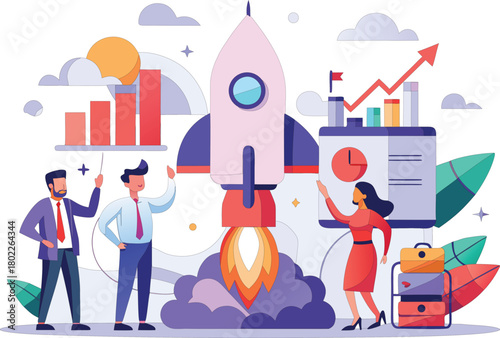 Business team launching a rocket symbolizing startup growth and success