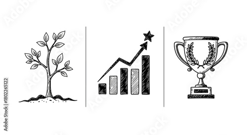 Growth and success conceptual art with plant, graph, and trophy in hand drawn style