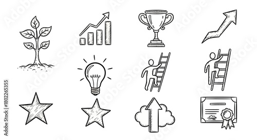 Hand drawn success and achievement icons with growth and motivation symbols