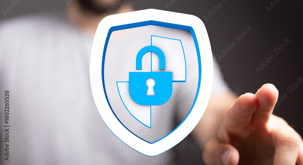 Obraz premium Concept of cybersecurity, data protection, and online safety. Person interacting with a digital shield and lock, representing secure