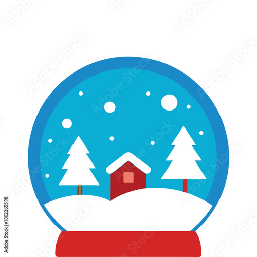 A snow globe with a house, snowdrifts and mountains inside. Cute toy, a symbol of winter, new year and Christmas. Illustration in a flat style, isolated on a blue background