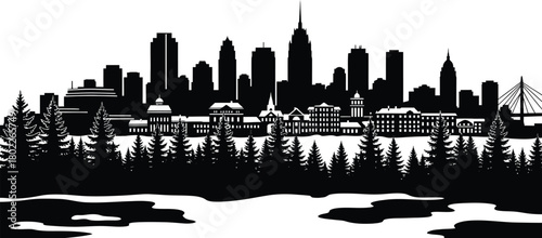 City skyline silhouette with trees, capturing the essence of urban life harmonizing with nature in a scenic panorama