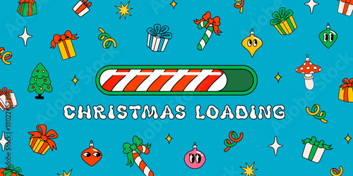 Christmas groovy countdown bar with candy cane stripe progress and playful holiday icons on a bright blue background. Festive loading screen design for cheerful xmas banners and vector projects