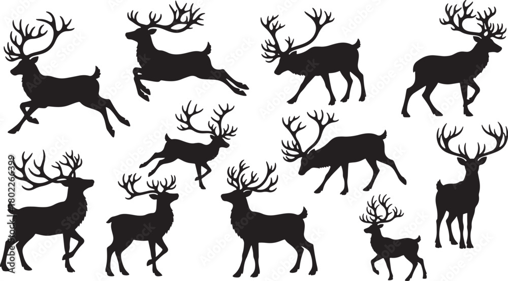 Fototapeta premium Black deer silhouettes isolated on white background in various poses