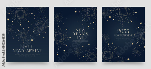 Luxury Happy New Year NYE Flyer Poster Banner Layout Vector with Gold Fireworks on Navy Blue Background for Elegant New Year’s Eve Celebration