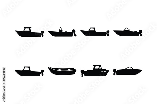Set of Motorboat Silhouette Icons in Solid Vector Style