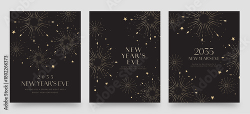 Elegant NYE Poster Banner Invite for Happy New Year Flyer Layouts, Vector Design with Gold Fireworks on Black Background