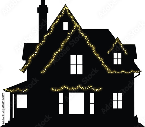 Silhouette of a house decorated with christmas lights