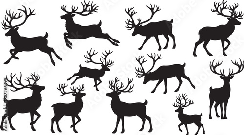 Black deer silhouettes isolated on white background in various poses