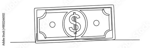 Dollar bill linear drawing, white background. Single line art of money currency